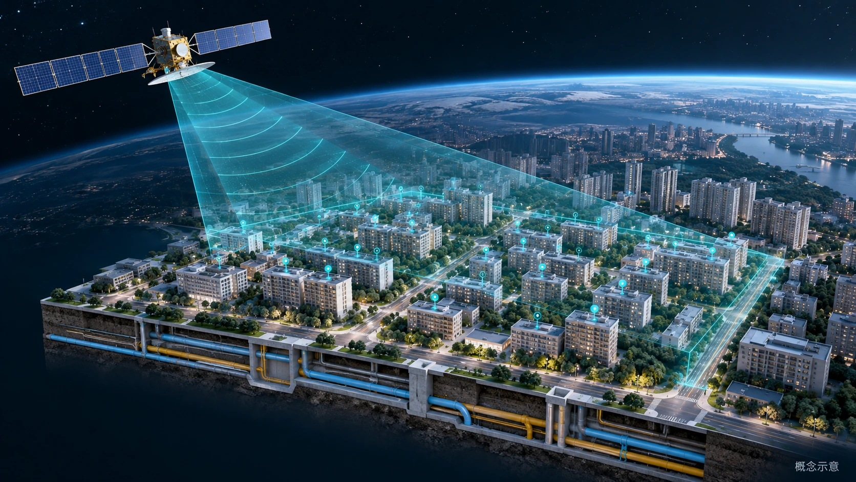 卫星观测城市建筑和地下管线的概念示意